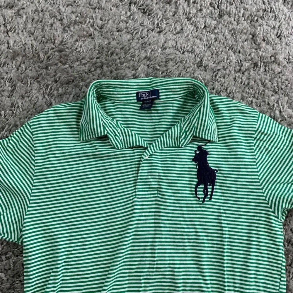 Polo Ralph Lauren Kids XL 18-20 Green White Striped Big‎ Pony Polo Shirt